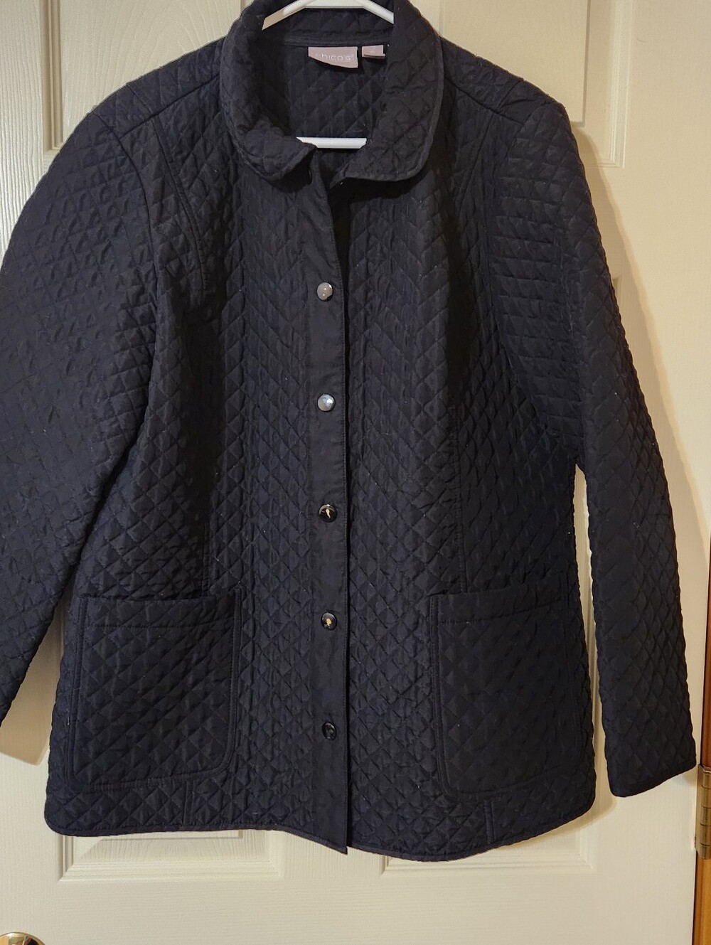 Chicos Quilted Jacket Black Snaps  Diamond Stitching Collared  Size 2 US L READ